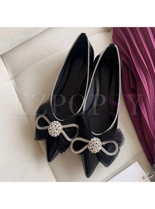 Pretty Crystal-Embellished Bowknot Pointed Toe Low-Front Shoes For Women