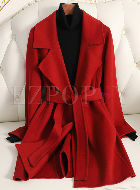 Womens Premium-Fabric Wool Tie Waist Camel Coats