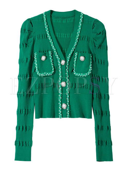 Women V-Neck Pearl Decoration Open Front Knitted