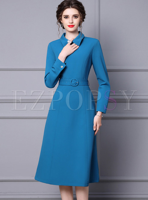 Turn-Down Collar Solid Color Lite Work Pencil Dresses