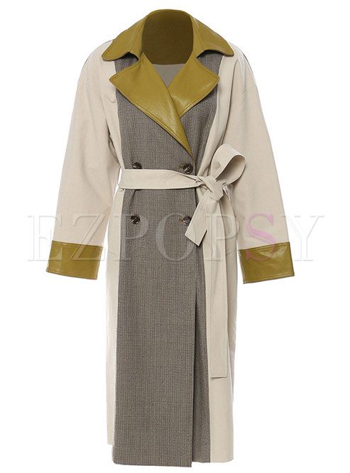 Large Lapels PU Splicing Plaid Double-Breasted Trench Coats Women
