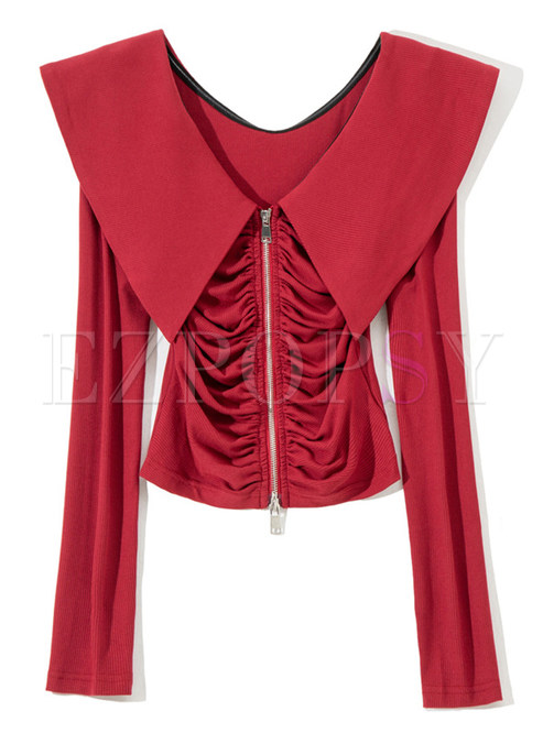 V-Neck Zipped Shirred Solid Color Tops For Women