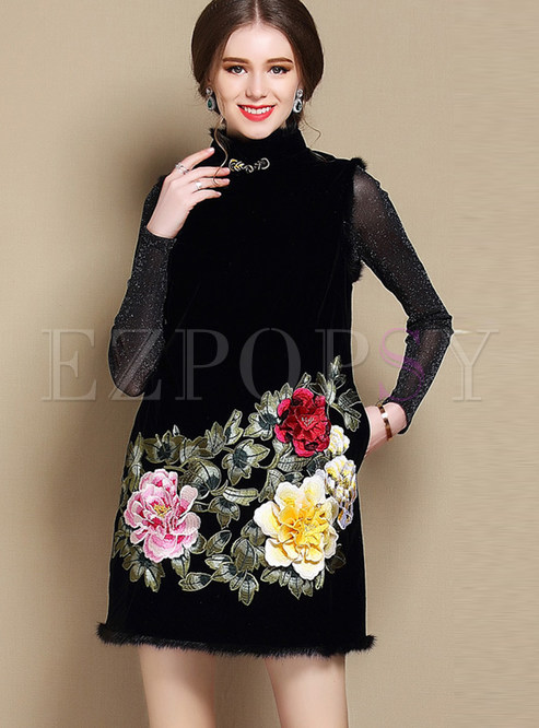 High Neck Embroidered Mesh Patch Cheongsam Dresses