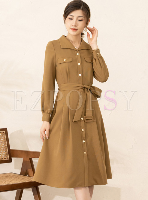 Shirt Collar Single-Breasted Tie Waist Casual Dresses