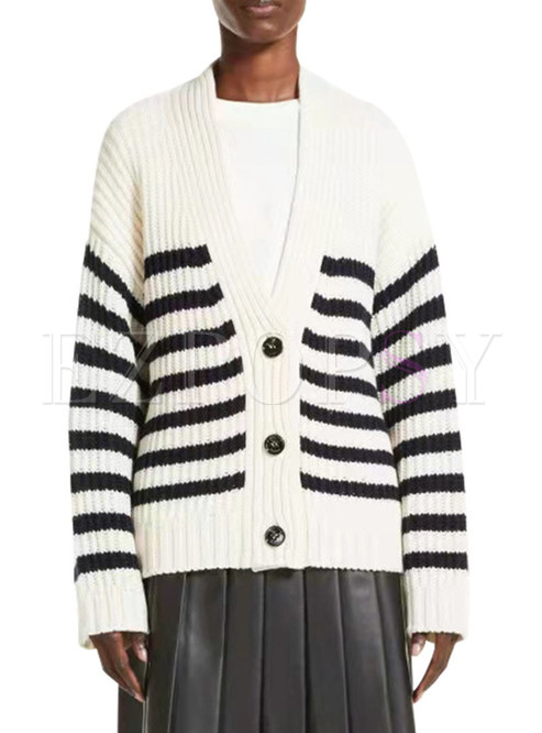 Women Long Sleeve Stripe Cardigan Sweater