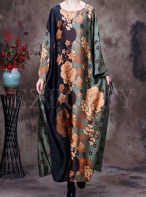 Retro Batwing Sleeve Suede Printed Plus Size Dresses