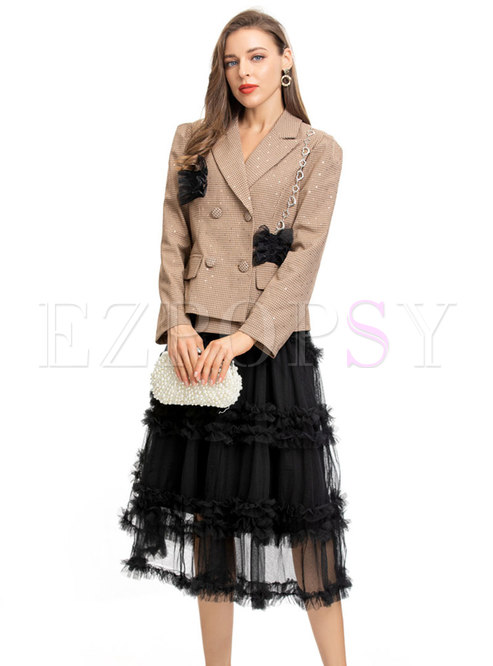 Women's Elegant Blazer & Cake Mesh Skirt Suits