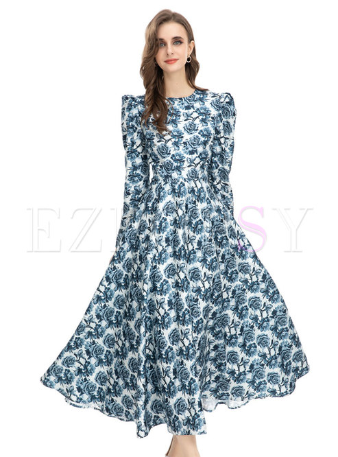 Women Long Sleeve Floral Printing Maxi Dresses