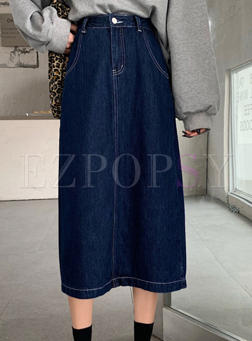 Solid Casual Denim Midi Skirts For Women