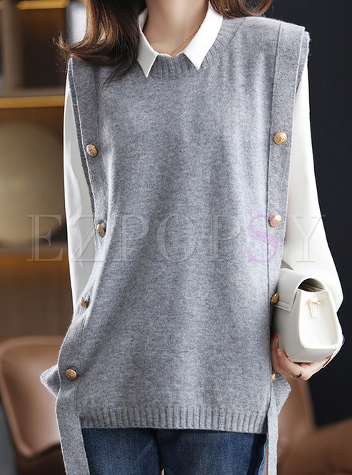 Crewneck Oversize Wool Knitted Waistcoat For Women