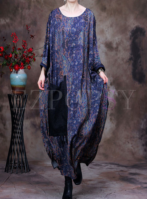 Relaxed Batwing Sleeve Allover Print Kaftan Dresses