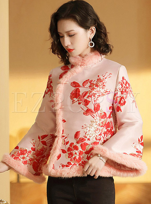 Vintage Fur-Trimmed Jacquard Thickened Tops For Women