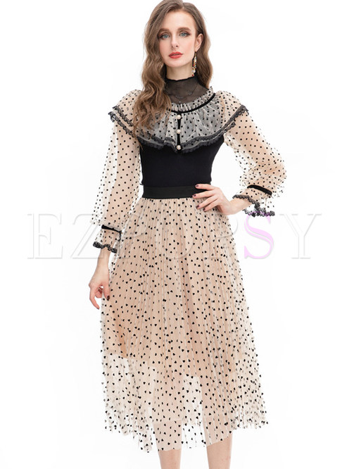 Sweet & Cute Polka Dot Contrasting Mesh Midi Dresses
