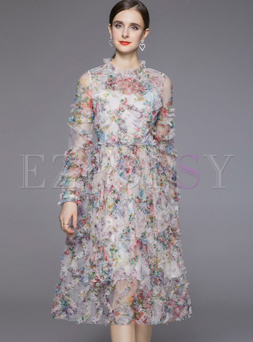 Fashion Ruffle Neckline Mesh Blurred Floral Midi Dresses