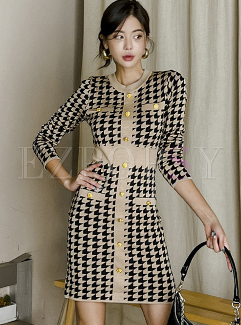 Crew Neck Houndstooth Single-Breasted Bodycon Knitted Dresses