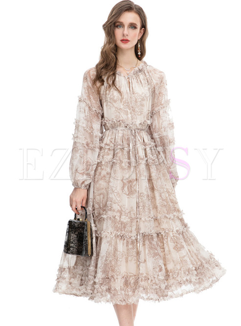 Lace Collar Frill Trim Side Long Sleeve Allover Print Midi Dresses