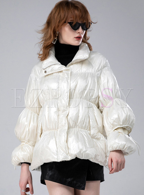 Fashion Frilled Mock Neck Zipped Cropped Womens Down Coats