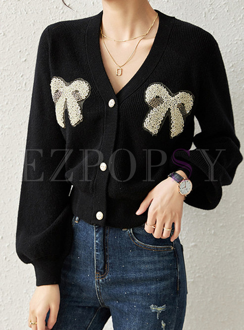 V-Neck Single-Breasted Oversize Bowknot Open Front Knitted