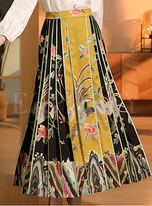 Vintage Embroidered Printed Pleated Long Skirts