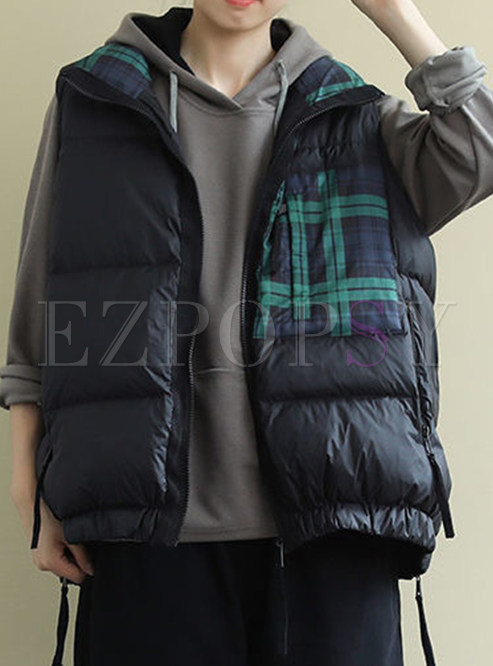 Warm Plaid Turn-Down Collar Vests For Women