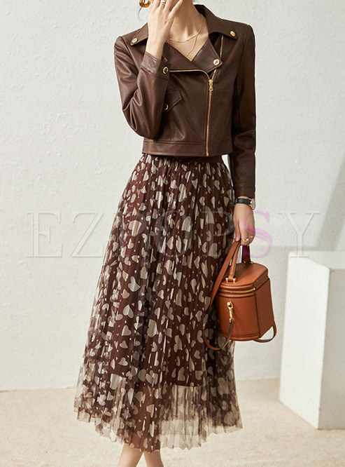 Large Lapels Cropped Leather Blazer & Hearts Mesh Big Hem Midi Skirts For Women