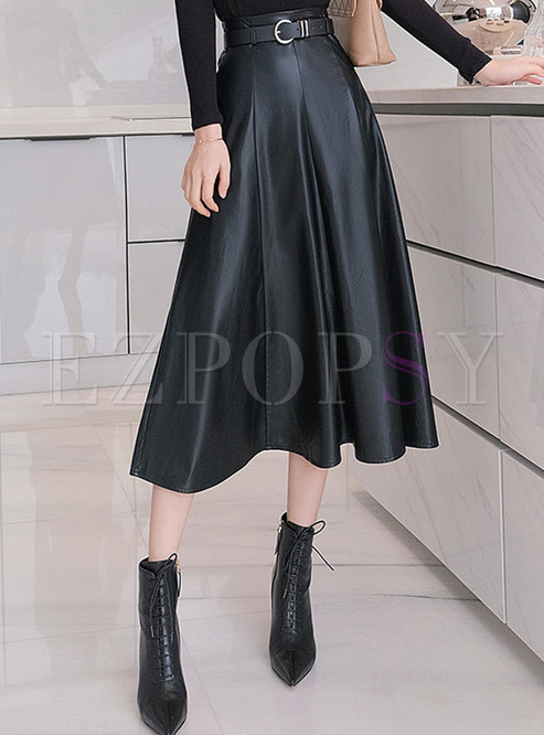 Stylish Thickened PU Big Hem Midi Skirts For Women