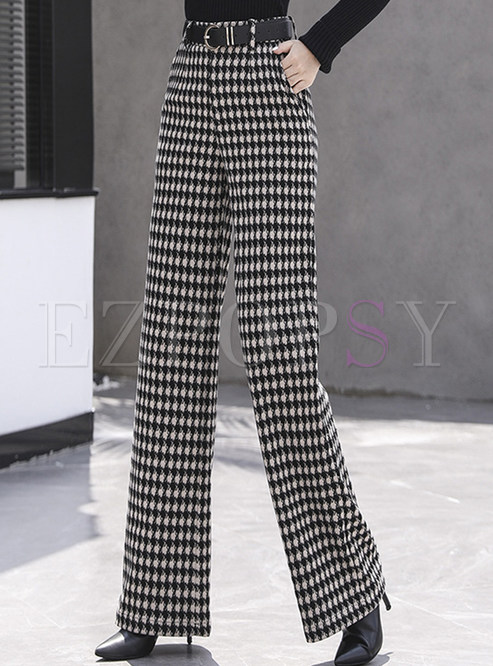 Woolen High Waisted Plaid Straight Pants For Women