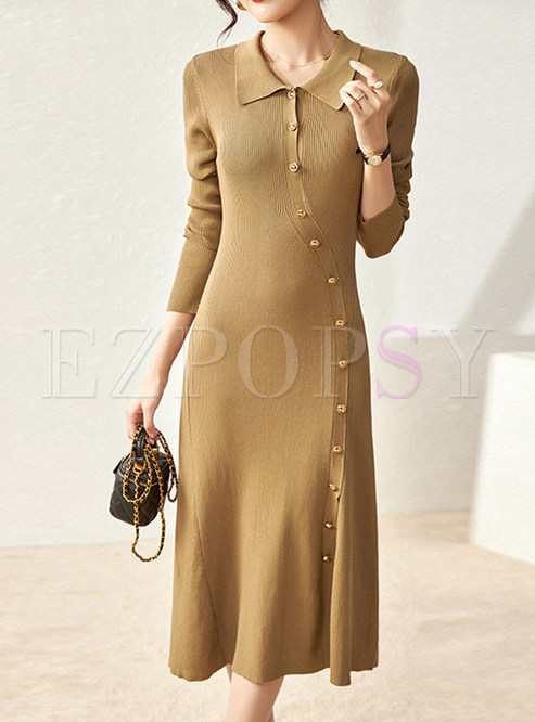 Turn-Down Collar Metal Button Asymmetrical Knitted Dresses