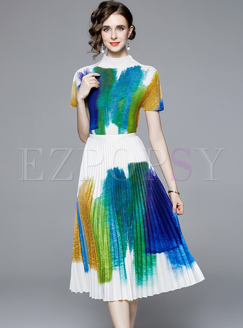 Blooming Elastic Tie-Dye Mock Neck Skirt Outfits For Women