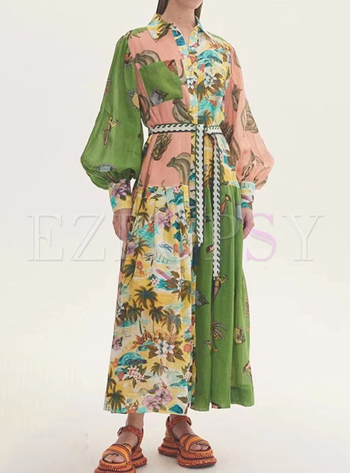 Shirt Collar Single-Breasted Belted Floral Print Maxi Dresses