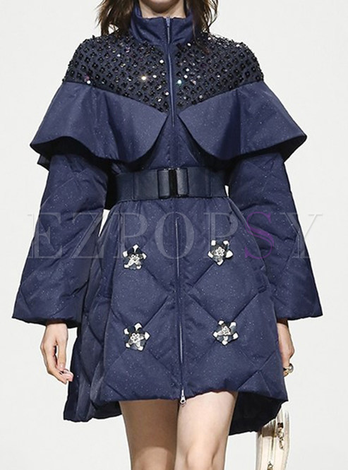 Mock Neck Vintage Embroidered Ruffles Puffer Jackets Women
