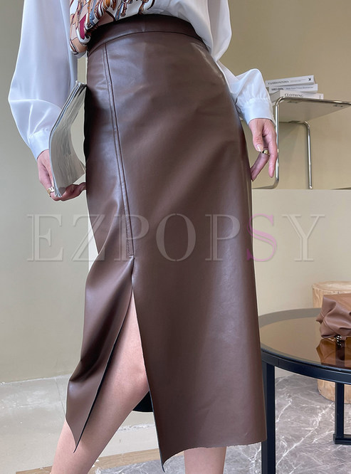 Basic High Waisted Side Slit Leather Skirts