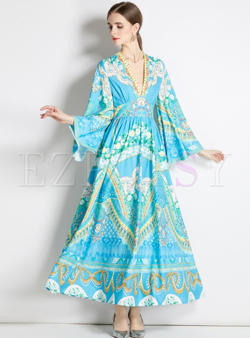 Elegant Deep V-Neck Flare Sleeve Printed Long Dresses