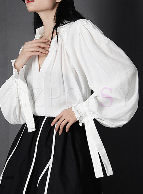 Exclusive V-Neck Lantern Sleeve White Blouses For Women
