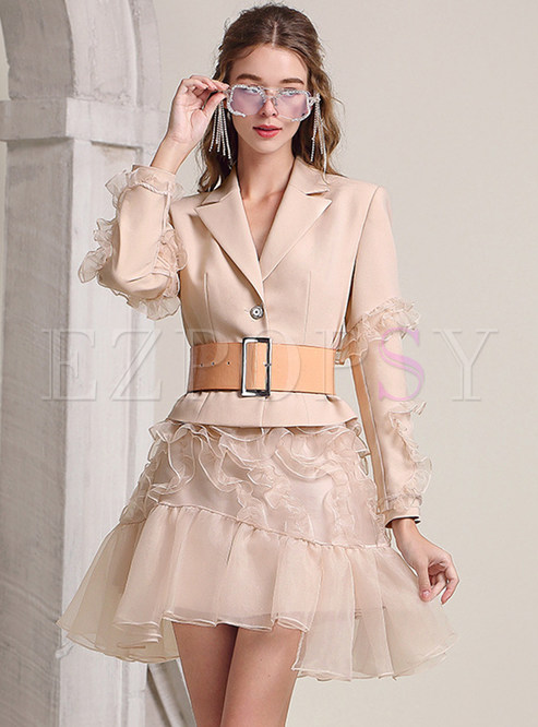 Exclusive Frill Trim Side Cropped Blazers & Lace-Trimmed Mini Skirts