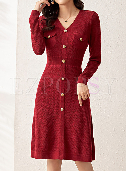 Pretty V-Neck Single-Breasted Wool Knitted Dresses
