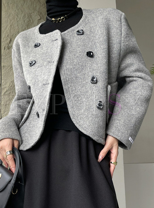Crewneck Double-Breasted Wool Blend Cropped Women's Coats & Jackets