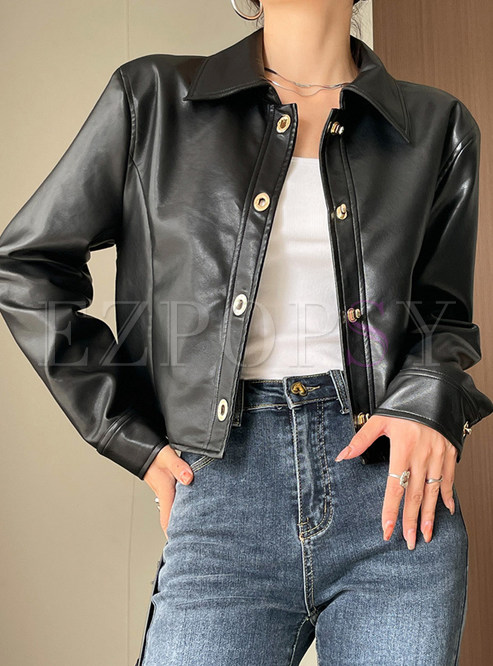 Utility Turn-Down Collar Snap Button Front Cropped Leather Jackets Women