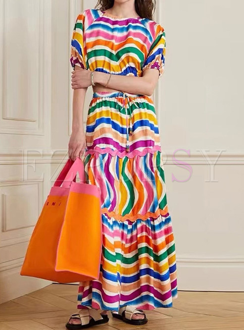 Fashion Sweet Colorful Striped Skirt Suits For Women