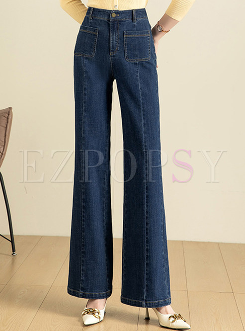 Solid Color High Waisted Dual Pocket Womens Baggy Jeans