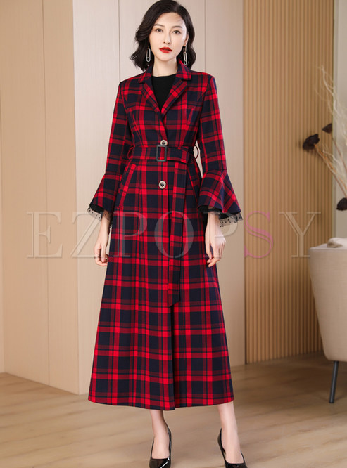 Vintage Large Lapels Plaid Thickened Womens Long Coats
