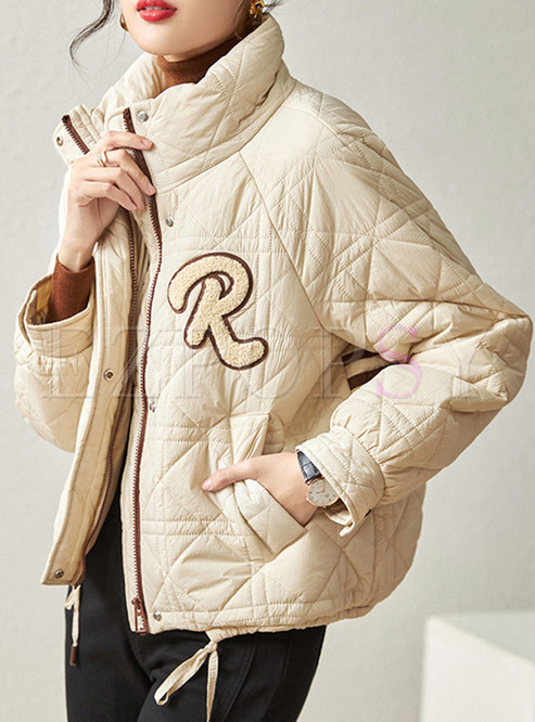 High Neck Embroidered Draw Front Thickened Down Jackets