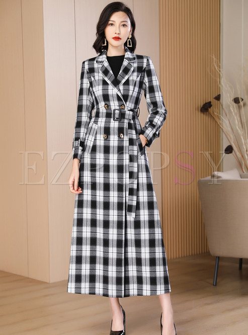 Plaid Mid-Gauge Double-Breasted Long Women's Coats