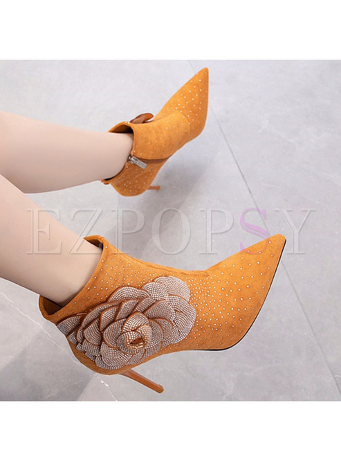 Pretty Pointed Toe Small Embellished Flower Decor Ankle Boots For Women