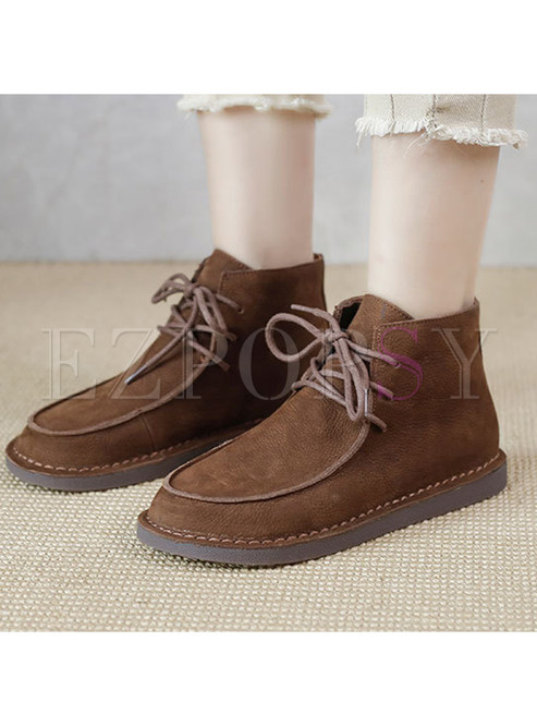 Round Toe Lace-Up Fastening Genuine Leather Womens Ankle Boots
