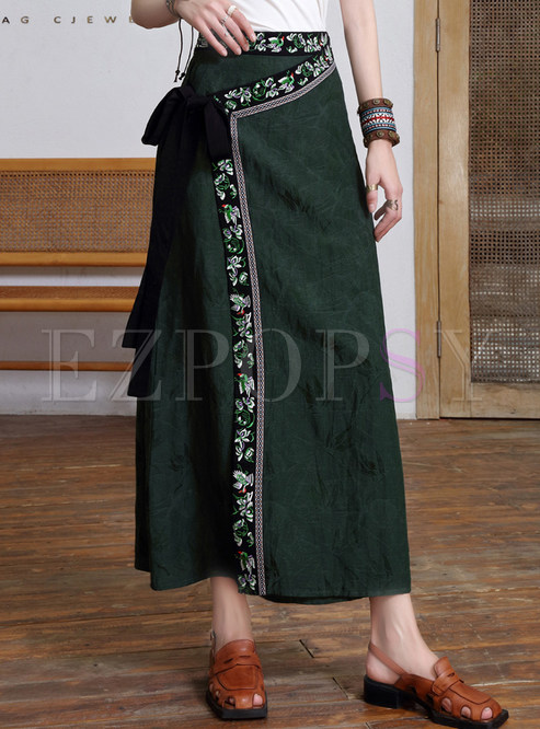 Retro Embroidered Knot Front Maxi Skirts For Women