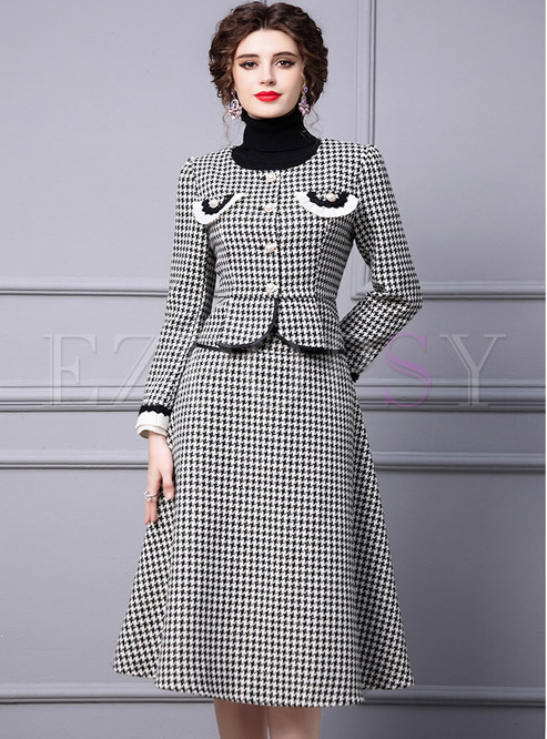 Crewneck Houndstooth Single-Breasted Office Skirt Outfits For Women