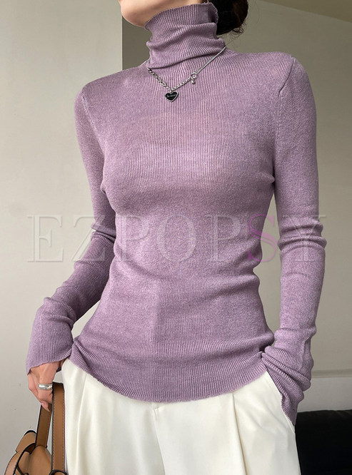 High Neck Solid Color Mid-Gauge Womens Knit Jumper