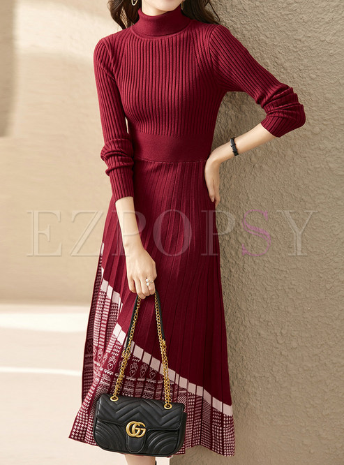 High Neck Patchwork Pleated Knitted Dresses
