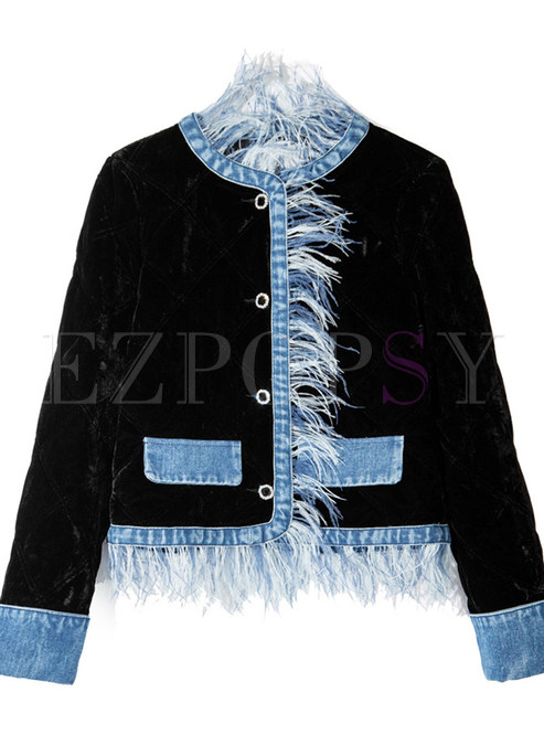 Crewneck Single-Breasted Feather-Trimmed Thick Women's Jackets
